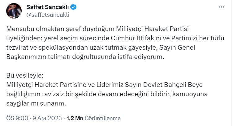 MHP Kocaeli Milletvekili Saffet Sancaklı partisinden istifa etti