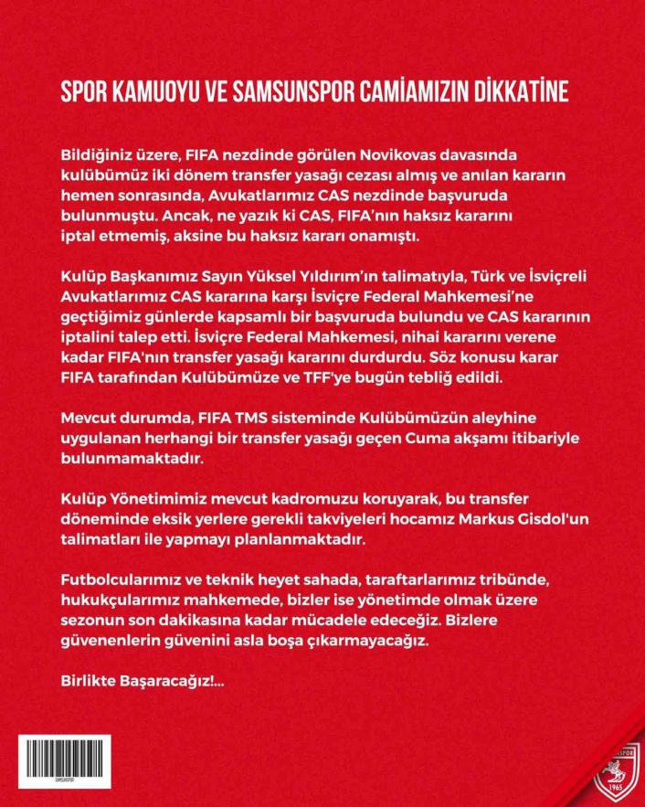 Samsunspor, transfer yasağının kaldırıldığını açıkladı
